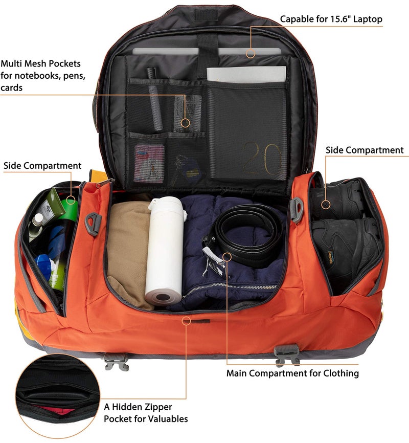 Ubon Duffel Backpack Bag Weekender Bags with Padded Straps for Travel Gym Sports (Orange,65L) - Image 5